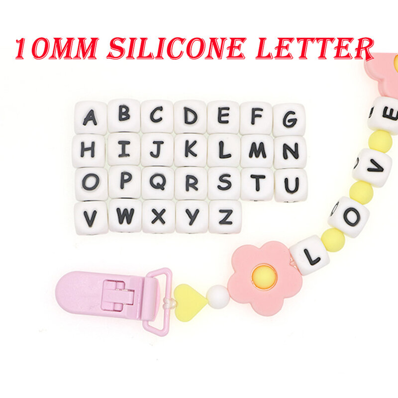 Letras de alfabeto de silicone para fazer chupeta personalizada, brinquedo do bebê, acessórios de corrente, 10mm, 50Pcs, atacado