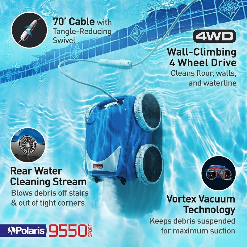 Polaris 9550 Sport Robotic Pool Cleaner, Automatic Vacuum for InGround Pools up to 60ft, 70ft Swivel Cable, Remote Control