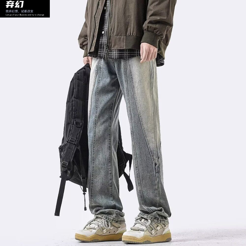 Design Jeans cuci Retro Amerika pria, celana lebar longgar musim semi jalanan populer dan tampan