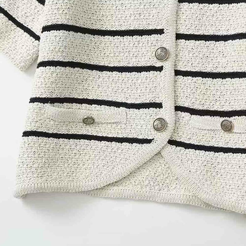 Women 2024 Spring New Fashion Knitted Striped Short Sleeve Chic V-Neck Button All-match Cardigan T-shirt for Women Mujer