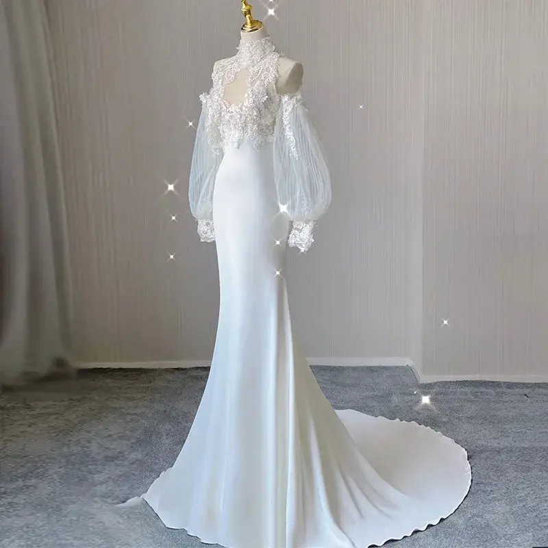 Hochzeits-Party-Kleider für Frauen Vintage-Applikationen lang ärmelig mit hohem Kragen Reiß verschluss Bankett Elegante Abschluss ball kleider Vestidos