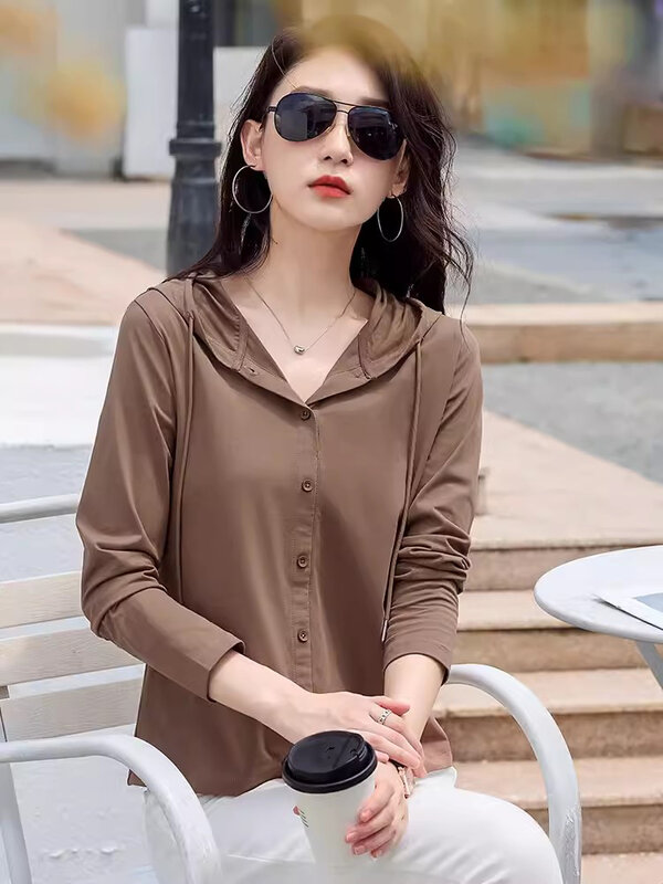 New Women Casual Sweatshirt Spring Autumn Fashion Hooded Long Sleeve Button Loose Hoodies Simplicity Solid Color Tees Tops