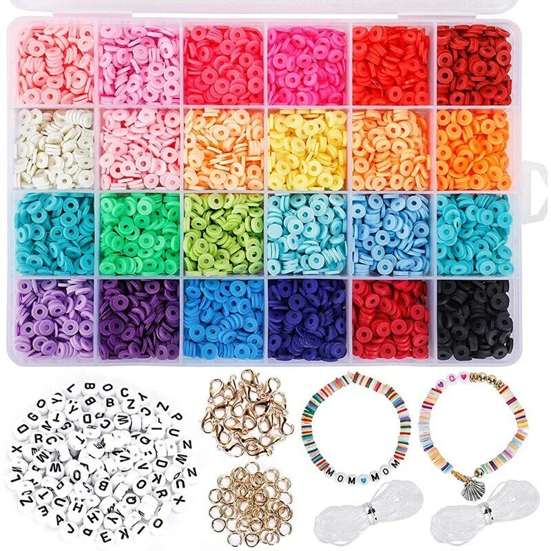 Ensemble de perles rondes plates en argile polymère, 4800 pièces de perles de lettre, fermoir ster corrigé et anneau diabétique, adapté au bricolage, 130 pièces
