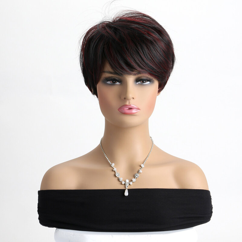 Short Pixie Cut Bob Synthetic Wigs with Bnags Black Mixed Purple Red Wig for Black White Women Mommy Daily Party Use Heat Resist
