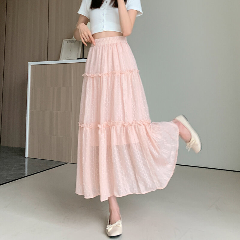 Real Photos Splicing A-line Skirt Summer New Fashion Street Trendy All-match Pleated Lace Fungus Midi Skirts For Women