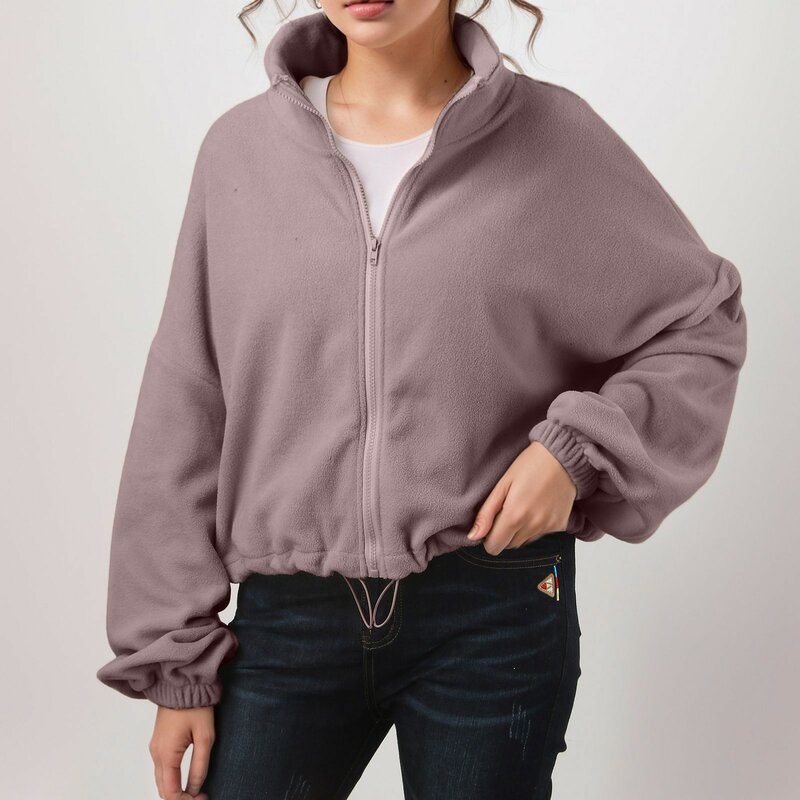 Women Fleece Zip Up Hoodie Solid Color Stand-Up Collar Drawstring Short Cardigan Autumn Winter Thicken Loose Sports Sweatshirts