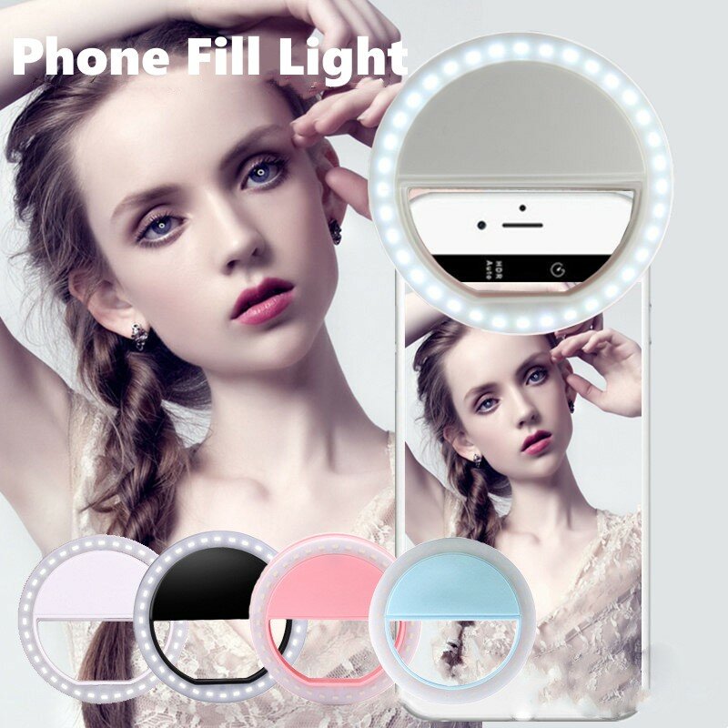USB LED Selfie Ring Light para meninas, lente do telefone móvel, clip-on, maquiagem, iPhone, Samsung, Huawei