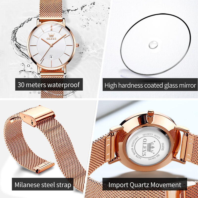 OLEVS jam tangan wanita, arloji tali Stainless Steel Quartz tahan air untuk kalender