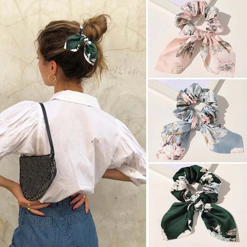 Fashion Print  Scrunchie Bowknot Hair Rope for Women Girls Ponytail Holder Hair Ties Elastic Hair Bands Accessories