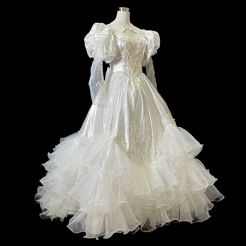 Anxin-SH Vintage cetim flor vestido de casamento, O Neck, Beading Pérola, Long Puff Sleeve, Lace Up, Big Bow, Branco, Antigo, LZ
