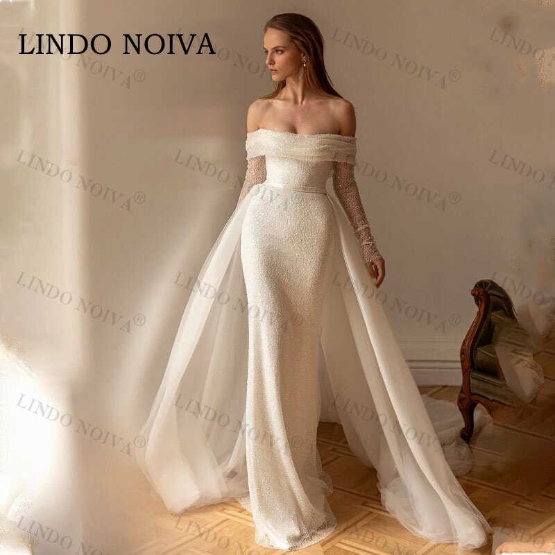 LINDO NOIVA Fashion Bling Sequined Off The Shoulder Full Sleeves Mermaid Wedding Dresss Detachable Train Vestido De Renda