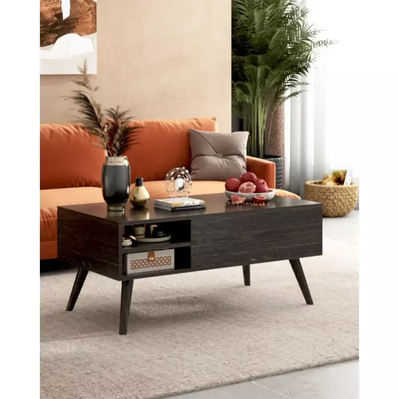 Drewniany stolik kawowy z ukrytą przegrodą i regulowaną półka do przechowywania, stół stołowy z podnośnikiem czarny