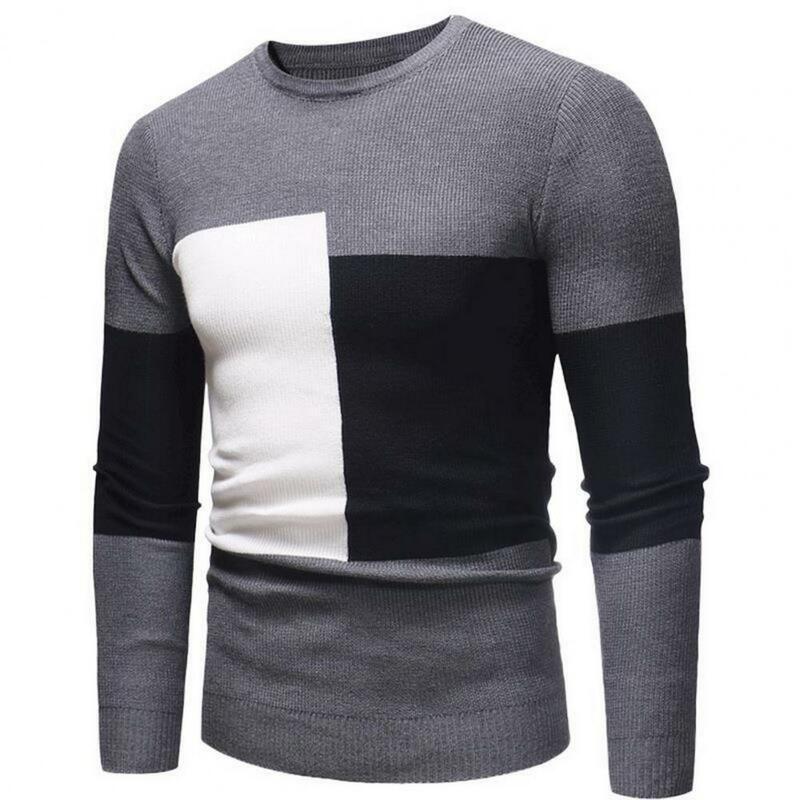 Suéter casual de ajuste solto masculino, elegante suéter colorblock, tricotado slim fit, pulôver quente e macio para outono, leve para inverno