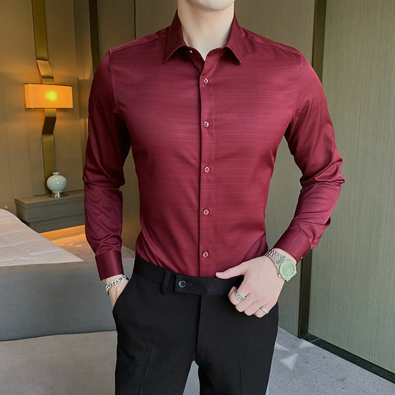 Camisa de seda gelo xadrez xadrez listrado na moda masculina, camisa fina de manga comprida, top versátil com gola masculina, casual, primavera, verão, novo