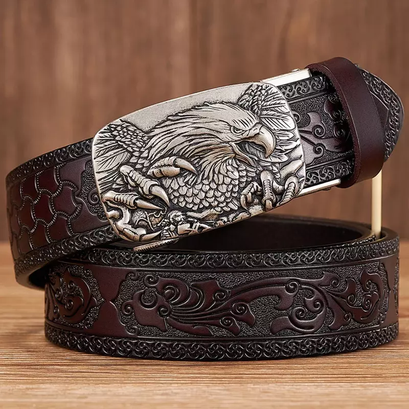 3.5CM Eagle Automatic Buckle Belt Emboss Cowskin Belt Quality Men Wasitbad Strap Genuine Leather Gift Business Belt For Jeans