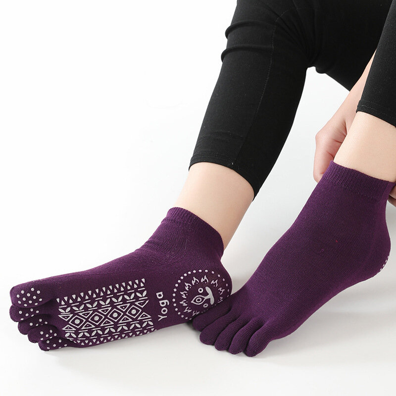 2 Pairs Non-slip Yoga Socks Women Sports Solid Color Cotton Toe Socks Breathable