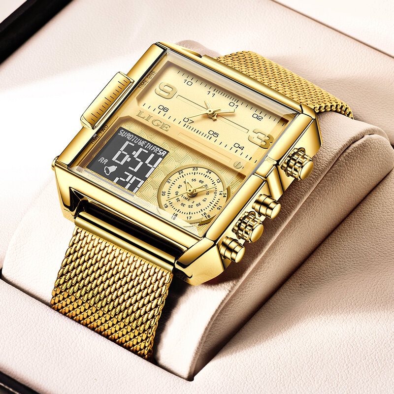LIGE 2023 nowe złote zegarki damskie Top marka luksusowe kreatywne kwadratowe zegarki damskie moda zegarek z podwójnym wyświetlaczem Relogio Feminino + BOX