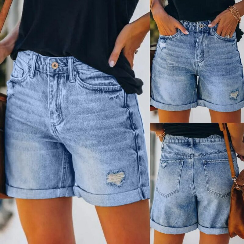 กางเกงยีนส์ผู้หญิงเอวสูงเซ็กซี่, กางเกงยีนส์ตรงขาสั้นแฟชั่นสตรีทแวร์กระดุมผ่า celana pendek DENIM มีกระเป๋าฤดูร้อน