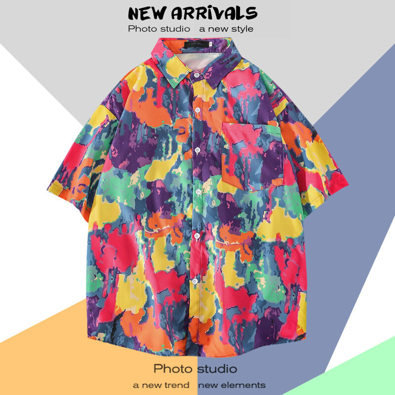 Chemise boutonnée à imprimé dessin animé pour hommes, chemises de plage hawaïennes, chemise florale à manches courtes, zones d'été, nouveau