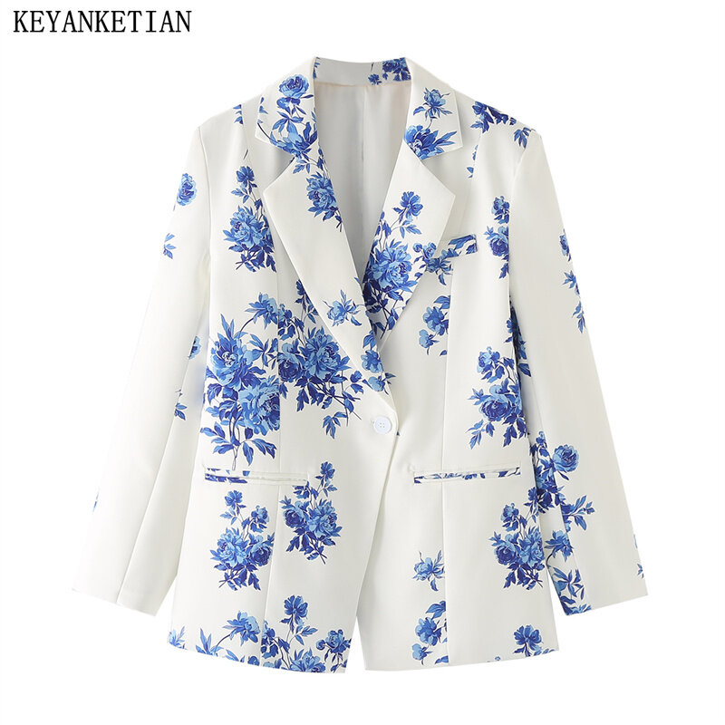 KEYANKETIAN 2024 New Launch Women's Flower Print Vintage suit Asymmetrical One-Button Slim Outerwear Office Lady Short Coat Top