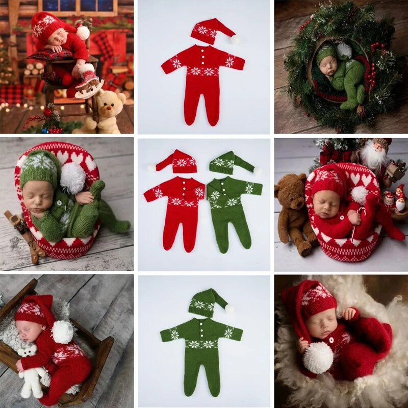 Noworodek rekwizyty do fotografii ubrania świąteczne kombinezon z dzianiny i kapelusz sesja zdjęciowa body noworodka dla dziecka