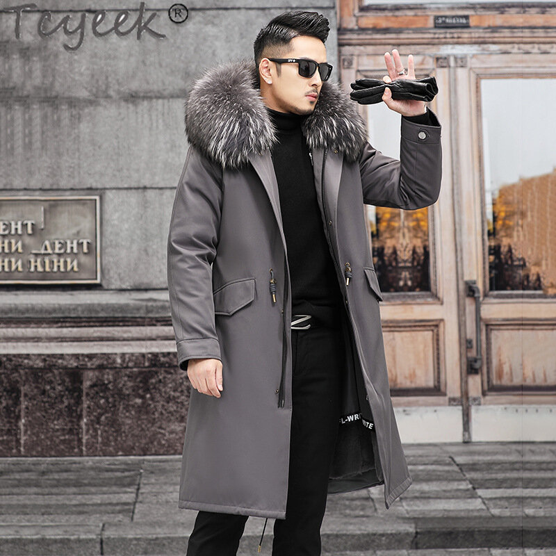 Tcyeek-男性用のアライグマの毛皮の襟パーカー,Rexウサギの裏地,取り外し可能な暖かいコート,冬のファッション衣類,2023