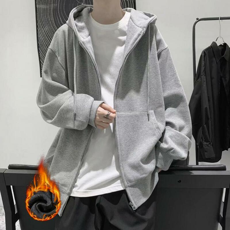 Men Hoodie Coat Cozy Hooded Cardigan Stylish Mid-length Plus Size Jacket with Drawstring Pockets Elastic Cuff for Fall/winter