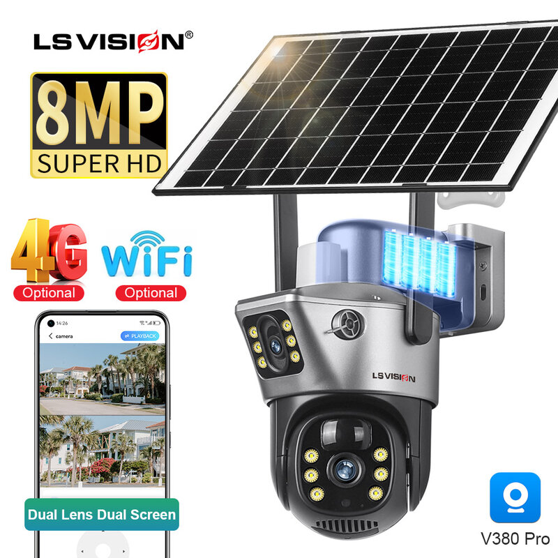 LS Vision 4K 8MP หน้าจอคู่กล้องพลังงานแสงอาทิตย์กลางแจ้งไร้สาย4G /wifi PTZ เลนส์คู่ป้องกันความปลอดภัยติดตามอัตโนมัติกล้องวงจรปิด