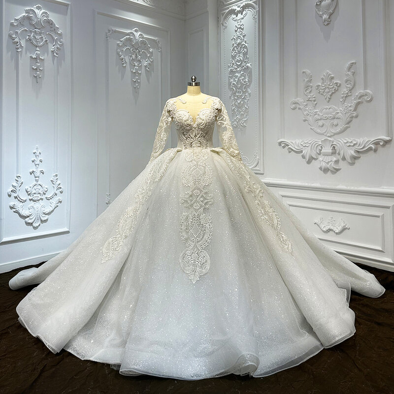 Женское длинное свадебное платье, элегантное платье из органзы с вышивкой и длинными рукавами, свадебное платье на шнуровке, популярный дизайн