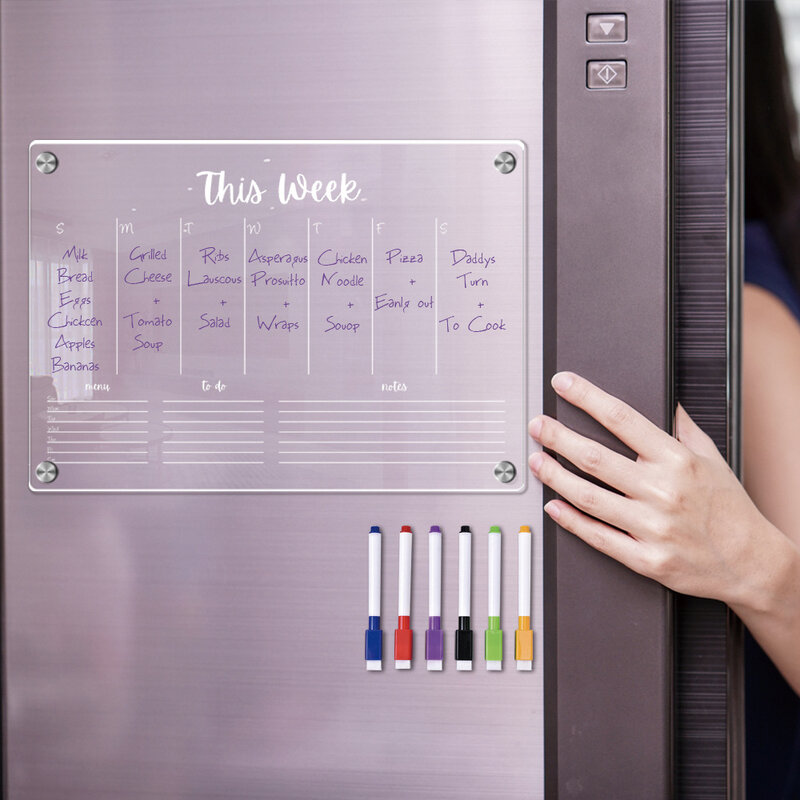 Tablero de borrado en seco para el refrigerador, planificador diario semanal, tablero de calendario magnético de acrílico transparente, accesorios magnéticos para el refrigerador
