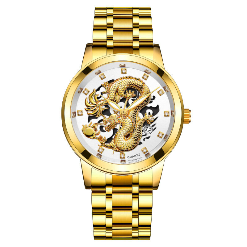 Reloj de cuarzo de acero inoxidable para hombre, cronógrafo de lujo con diseño de dragón dorado, estilo informal, a la moda, envío directo