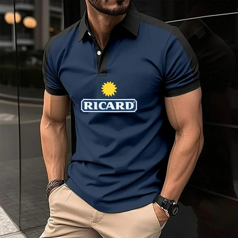 Camiseta de golf de manga corta para hombre, sudaderas con estampado Ricard, POLO de algodón de alta gama de negocios con retales de color, novedad de 2024