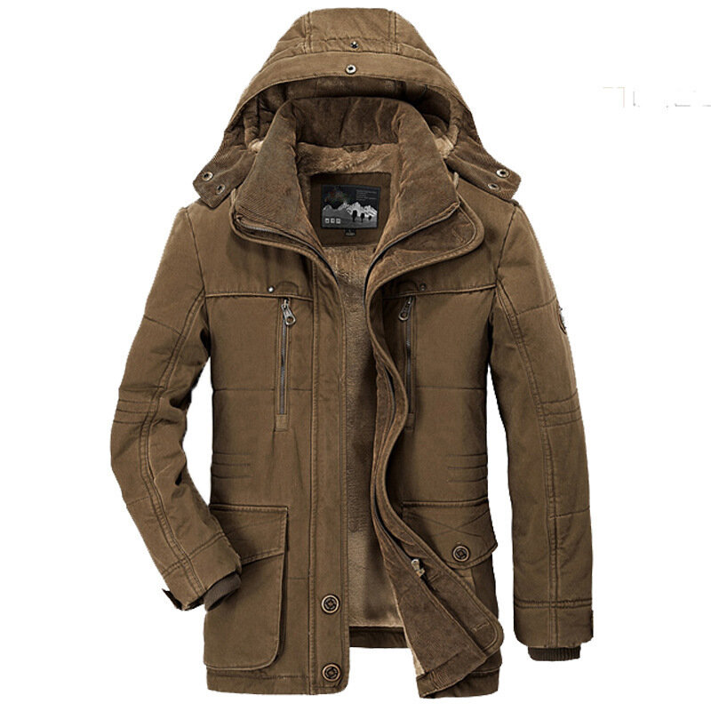Winter Men's Cotton-padded Jacket Mid-length Plus Velvet Thick Cotton-padded Jacket Multi-pocket Padded Jacket Men's Brand Coat