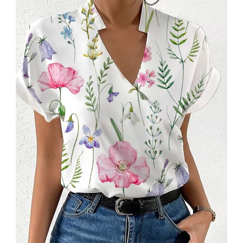 Overhemden Voor Dames 2023 Zomer Losse V-Hals Opstaande Kraag Print Tops En Blouses Blusas Elegantes Finas Para Mujer Casual T-Shirt