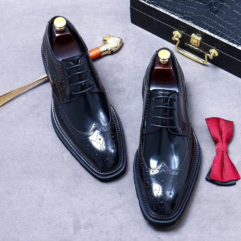 British Business Leather Shoes Men's Formal Cowhide Thick Sole Handmade Derby Shoes Style Men's Bright Face Derby Shoes