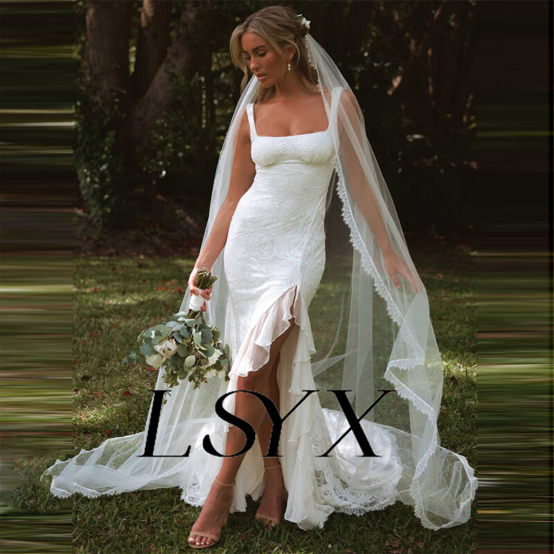 LSYX Square-Neck Sleeveless Lace Ruched Mermaid Wedding Dress Open Back High Side Slit Floor Length Bridal Gown Custom Made