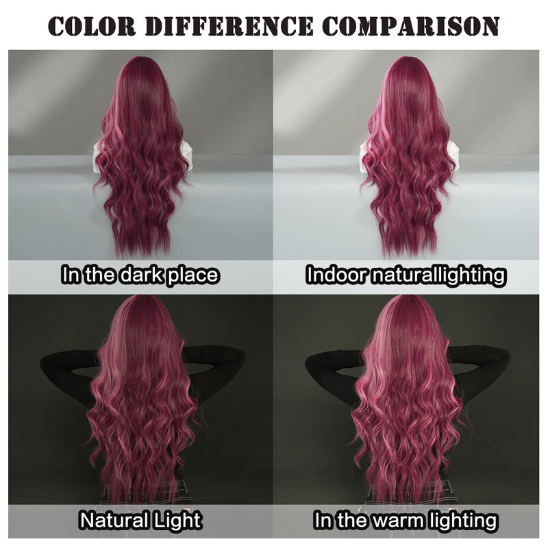 7JHH-Peluca de cabello sintético para mujer, pelo largo y suelto, rosa, resaltado, púrpura, uso en fiestas, alta densidad, esponjoso, pequeño, encaje HD