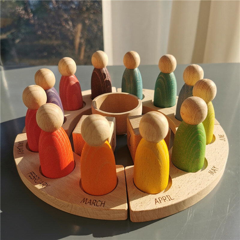 Neue Holz Spielzeug Buche Regenbogen Kalender Peg Puppen Zusammen Wizard Figuren Stacking Blocks für Kinder