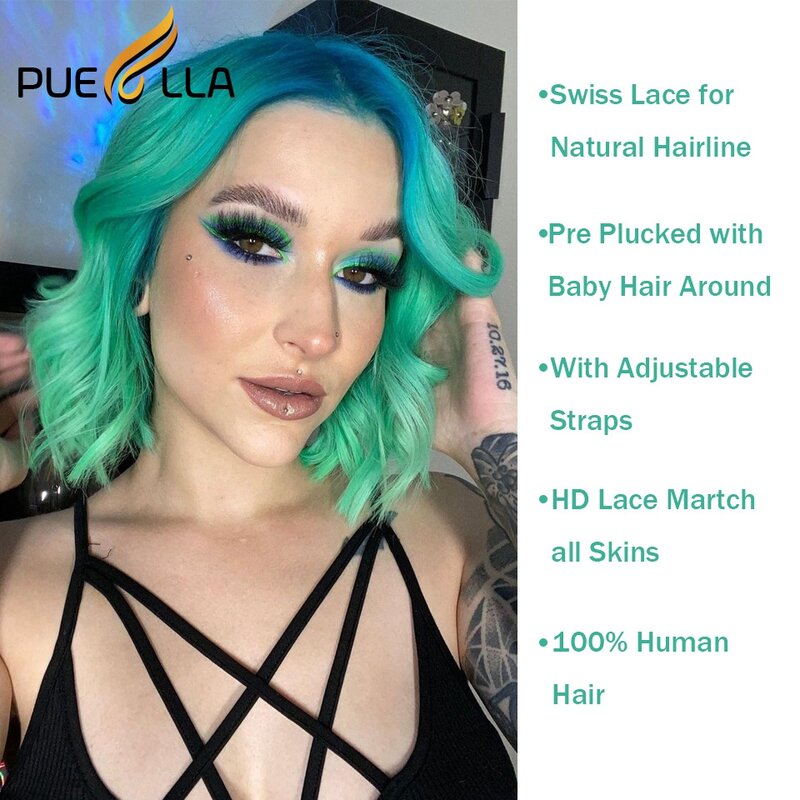 Remy brasileiro bob lace front peruca, cabelo natural, hortelã verde, corte pixie, onda do corpo, 4x4, sem glueless, 13x4, para as mulheres