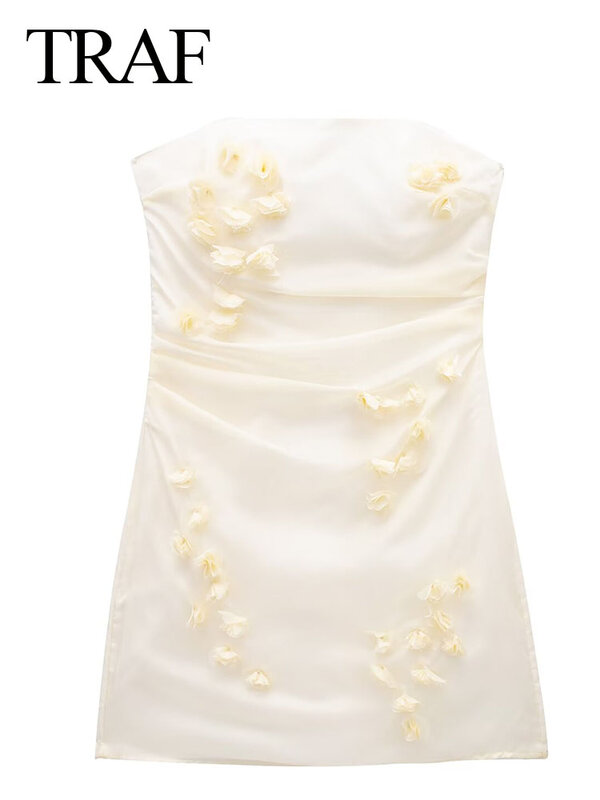 Летнее женское элегантное искусственное платье TRAF, винтажное цветочное украшение без бретелек, тонкое женское платье, шикарные платья