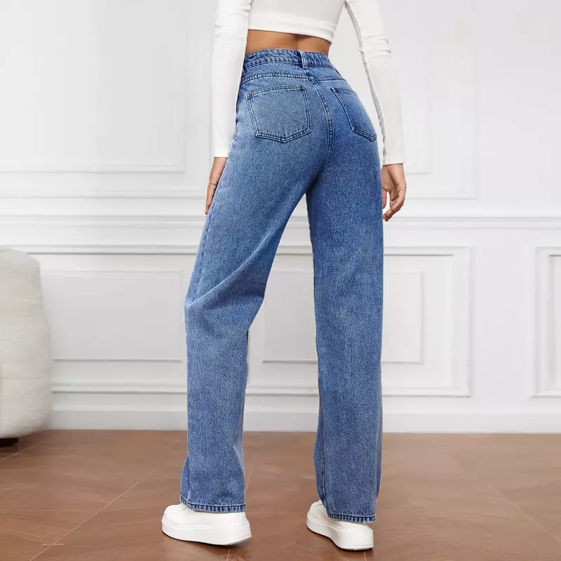 جينز نسائي بخصر عالٍ فضفاض مع جيوب ، بنطلون جينز مستقيم ، لون ثابت ، مطاطي خفيف ، طول الكاحل ، مناسب ، مغسول