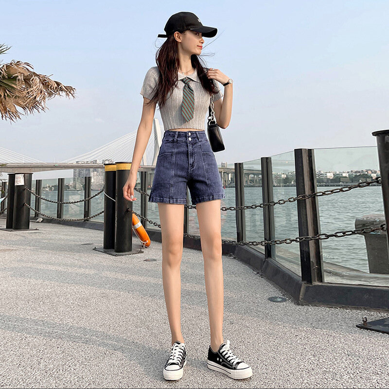 Casual Denim Shorts For women's Summer Thin and Slim Elastic High waisted A-line wide leg Pants Female Streetwear Short Jeans
