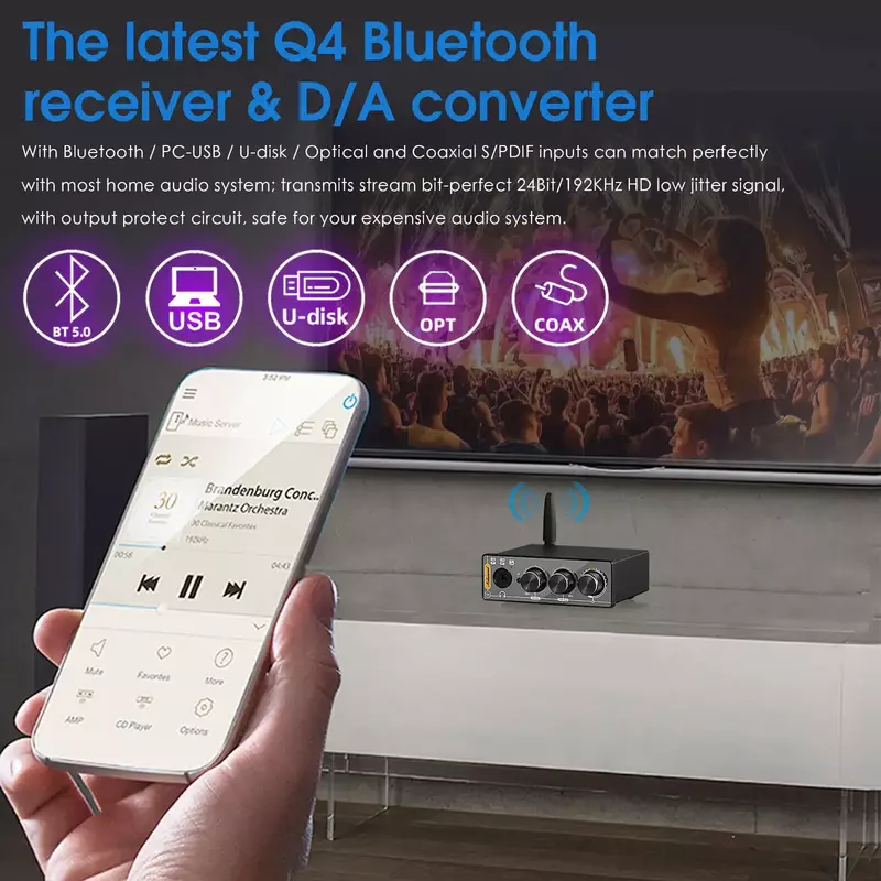 Nobsound Q4 Mini Ddigital to Analog Converter Bluetooth Receiver S/PDIF USB Gaming DAC COAX / OPT Headphone Amp 24Bit/192K