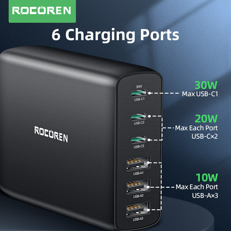 Rocoren 100W GaN Sạc 6 Cổng USB Loại C PD Củ Sạc Nhanh Quick Charge 4.0 3.0 USB Để Bàn cho iPhone 14 13 Pro Xiaomi