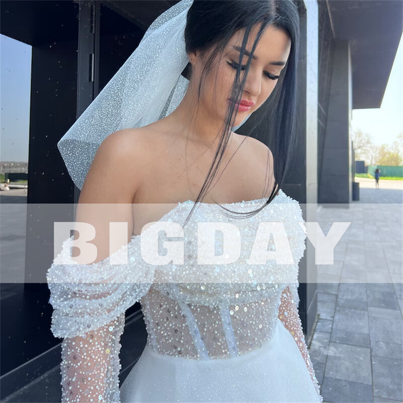 Elegant A-line Wedding Dress Long Sleeve Off The Shoulder Open Back Strapless Sequins Bridal Gown Above Knee Vestidos De Noiva