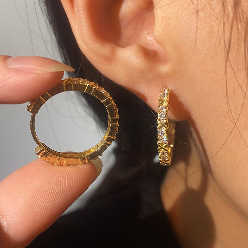 Gold Color Zircon Cross X Hoop Earrings for Woman Luxury Statement Jewelry Wedding Party Crystal Christmas New Year Accessories
