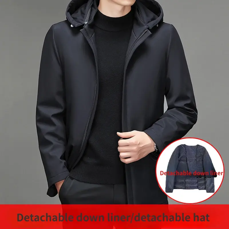 New Winter Down Jacket Men Detachable Liner 90% White Duck Down Coat Medium Long Hooded Puffer Jackets Erkek Kışlık Mont FCY4630
