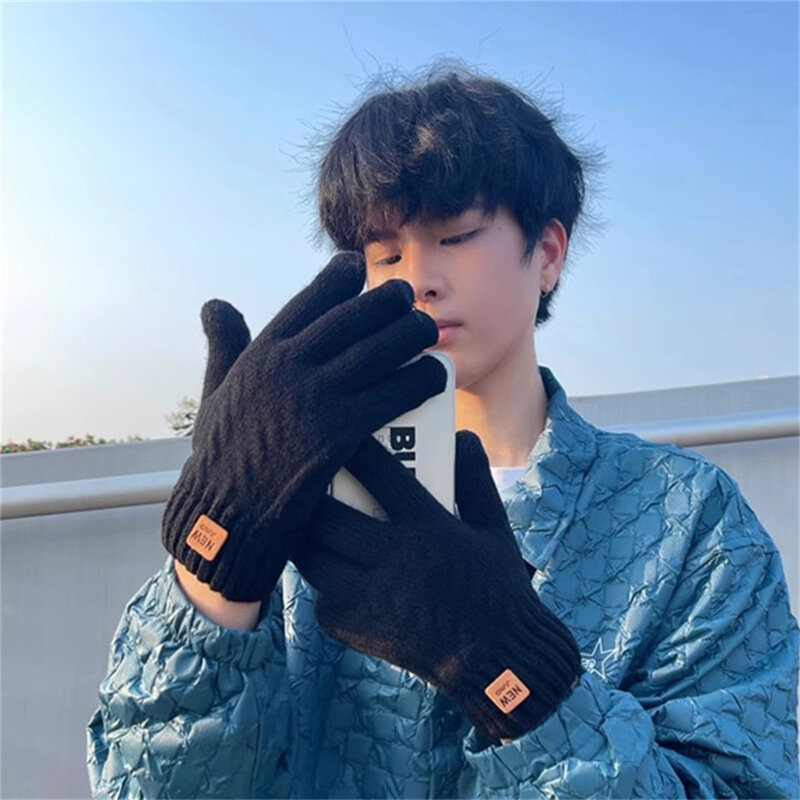 Men Mittens Women Gloves Winter Thick Double Layer Knitted Leather Label Cold Proof Warm Solid Screen Finger Gloves Mittens