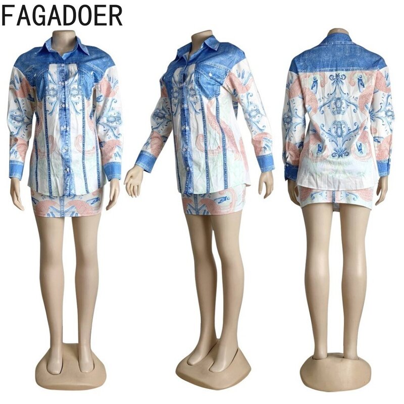 FAGADOER Blue Retro Print Shirts Two Piece Sets Women Turndown Collar Button Long Sleeve Top And Mini Skirts Outfits Clothing