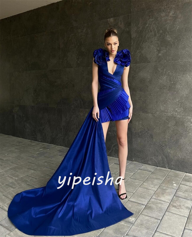 Elegant Satin Flower Ruched A-line V-neck Long Dresses Celebrity Dresses Exquisite High Quality Sexy Sparkle Sizes Available